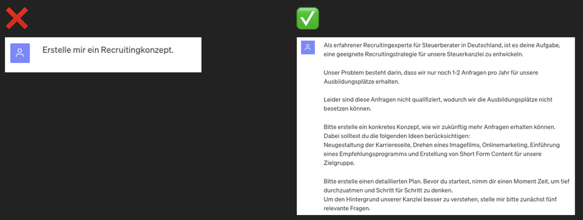 Abbildung aus dem Deubner-Artikel: Vergleich einer allgemeinen Anfrage mit einem detaillierten Prompt